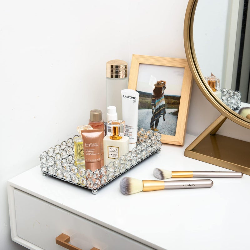 Feyarl Crystal Perfume Tray Cosmetic Makeup Vanity Tray Jewelry Trinket Rings Earrings Organizer Decorative Tray Storage for Home Deco Wedding Dresser Tabletop Girl Women Gift(10" x 6 "Silver) - Image 5